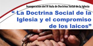 La Doctrina Social de la Iglesia y el compromiso de los laicos cartel de la convocatoria de la inauguración aula doctrina social de la iglesia
